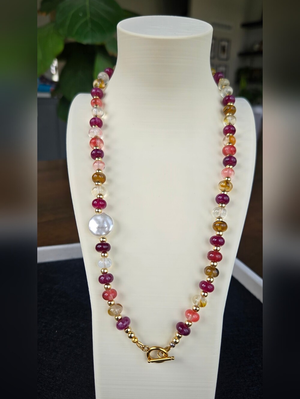 Multicolor Jade Beaded Women's Necklace with Swarovski Pearl And Gold Accents